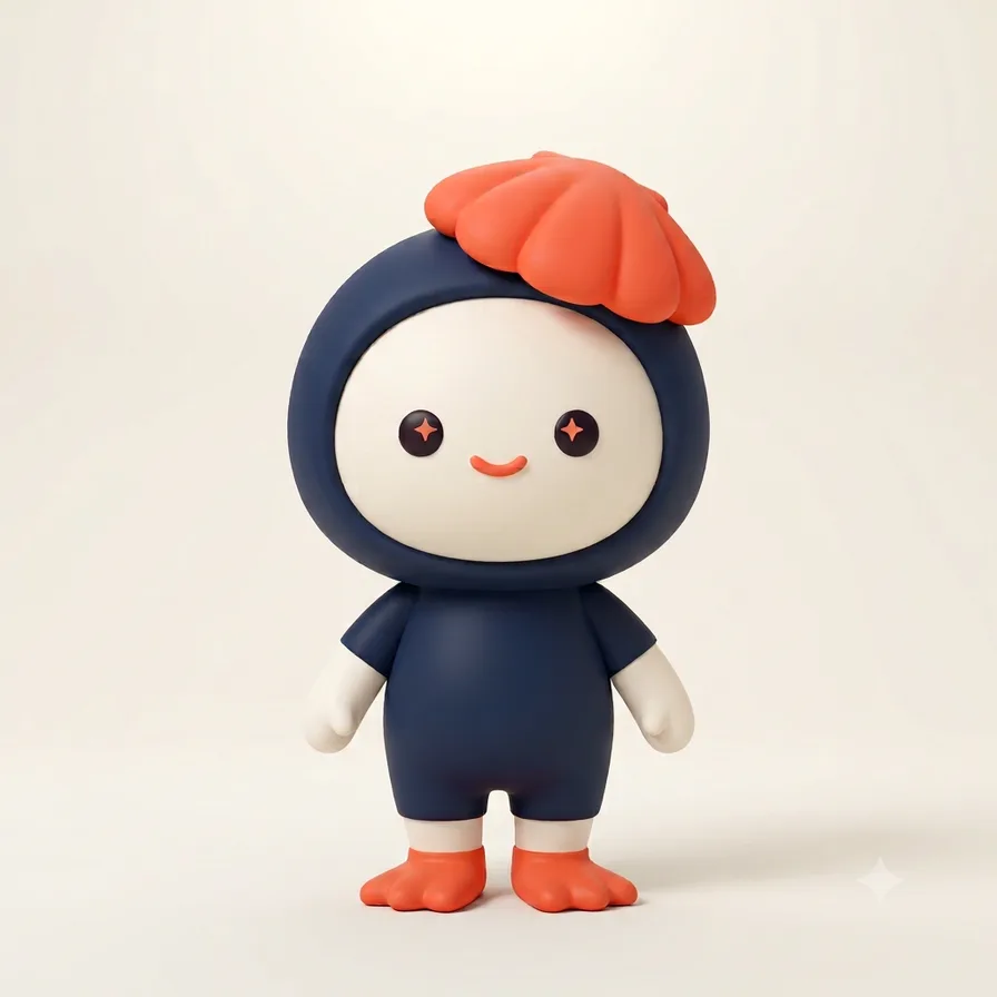 조개 모자를 쓴 새로디의 캐릭터 로디가 웃으며 서 있는 모습